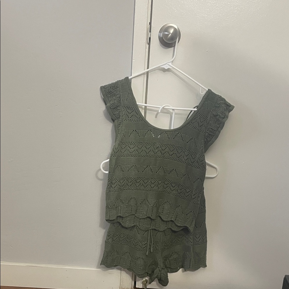 Olive Green Lace Knit Women's Top and Shorts